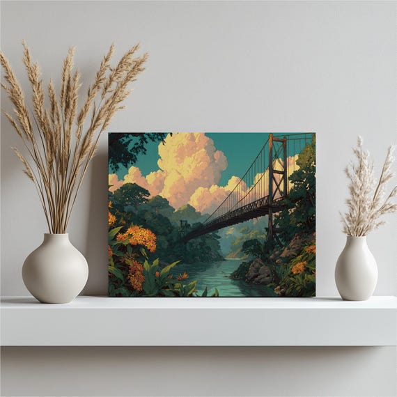 Tropical Jungle Bridge Canvas Wall Art Lush River Landscape Botanical Print Nature Illustration Cloudscape Green Foliage Teal Sky Decor