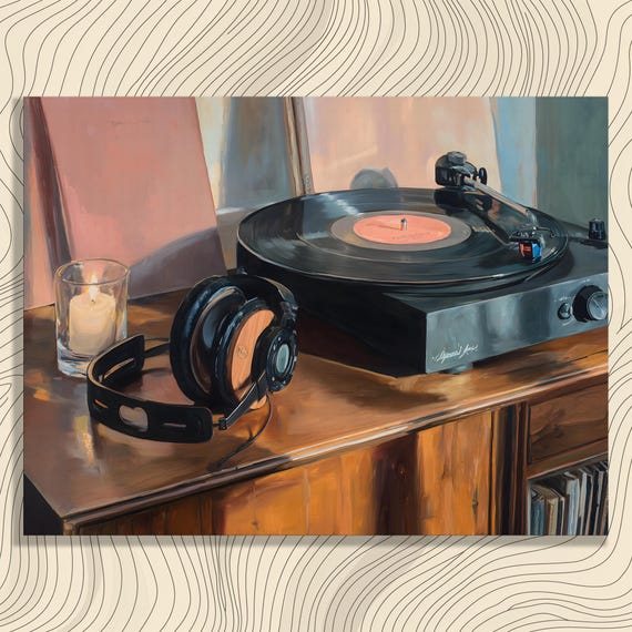 Record Player Vinyl Canvas Wall Art Modern Turntable Painting Headphones Print Midcentury Home Decor