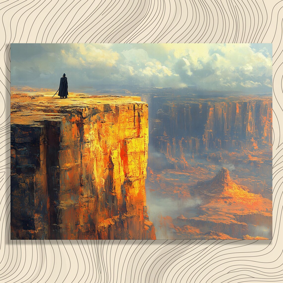 Lone Traveler Standing At Sunlit Canyon Cliff Fantasy Art Poster
