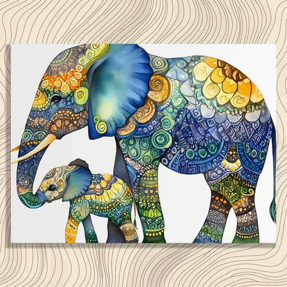Elephant Canvas Wall Art Watercolor Painting Boho Style Decor Animal Prints Nature Artwork Modern Abstract Colorful Tribal Illustration