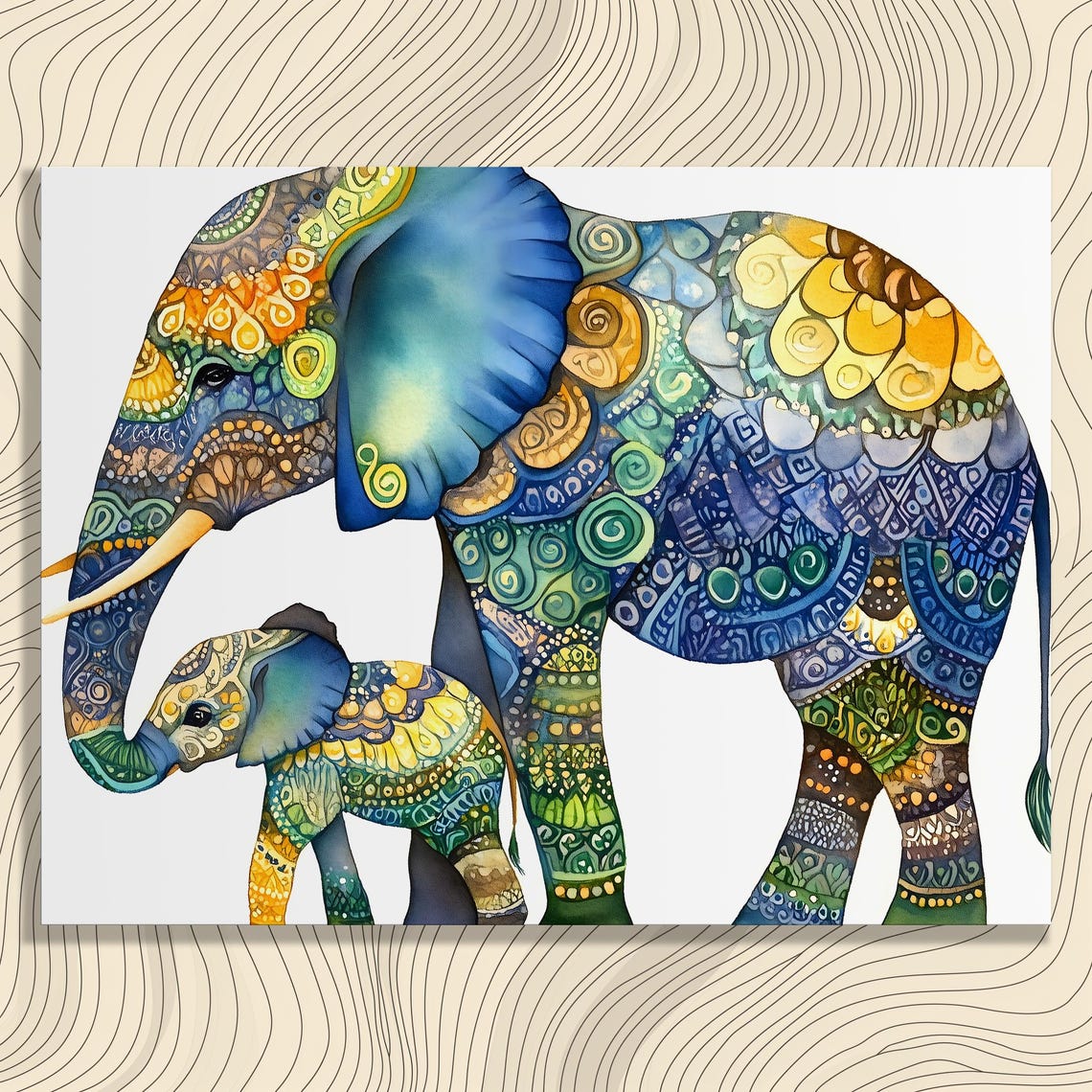 Elephant Mother And Calf Mandala Pattern Watercolor Wildlife Poster