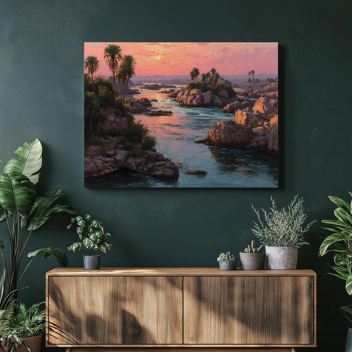 Tropical River Sunset Rocky Banks Palm Trees Landscape Art Print
