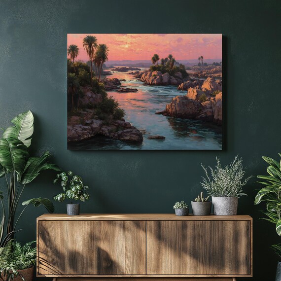 Tropical River Sunset Rocky Banks Palm Trees Landscape Art Print