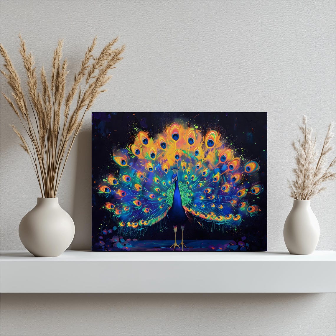 Neon Peacock Glowing Feathers Dark Background Night Wall Art