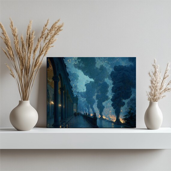 Starry Colonnade Night Canvas Wall Art Surreal Modern Fantasy Scene With Marble Columns Archways Reflective Pool Moody Blue Sky