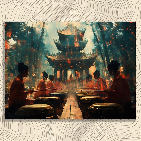 Forest Drum Ceremony Canvas Wall Art Vintage Impressionist Style Pagoda Ritual Heritage Boho Eclectic Folk Music Tradition Decor Print