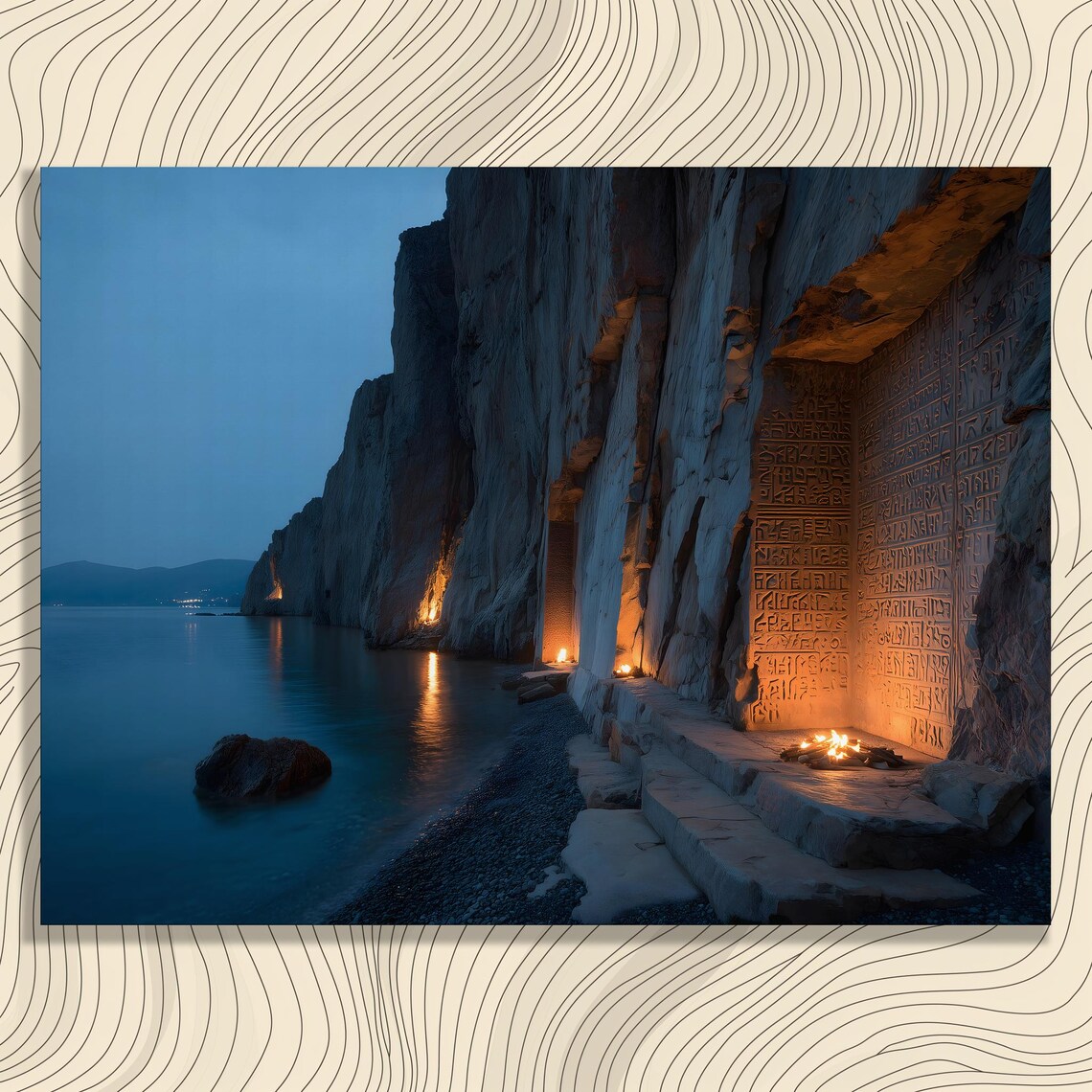 Ancient Cliff Carvings Glowing at Twilight by the Sea Poster
