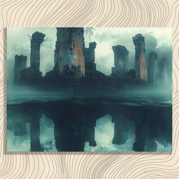 Mysterious Ancient Ruins Canvas Wall Art Misty Water Reflection Gothic Decor Print For Artists Dark Mystery Gift Home Office