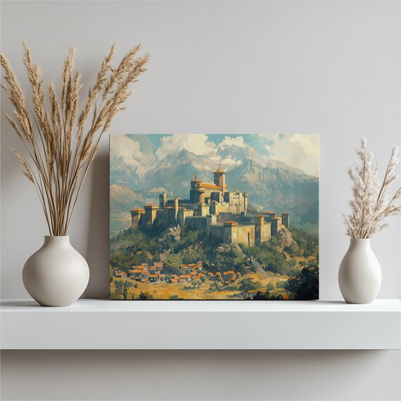 Medieval Hilltop Fortress Ancient European Castle Village Painting Poster