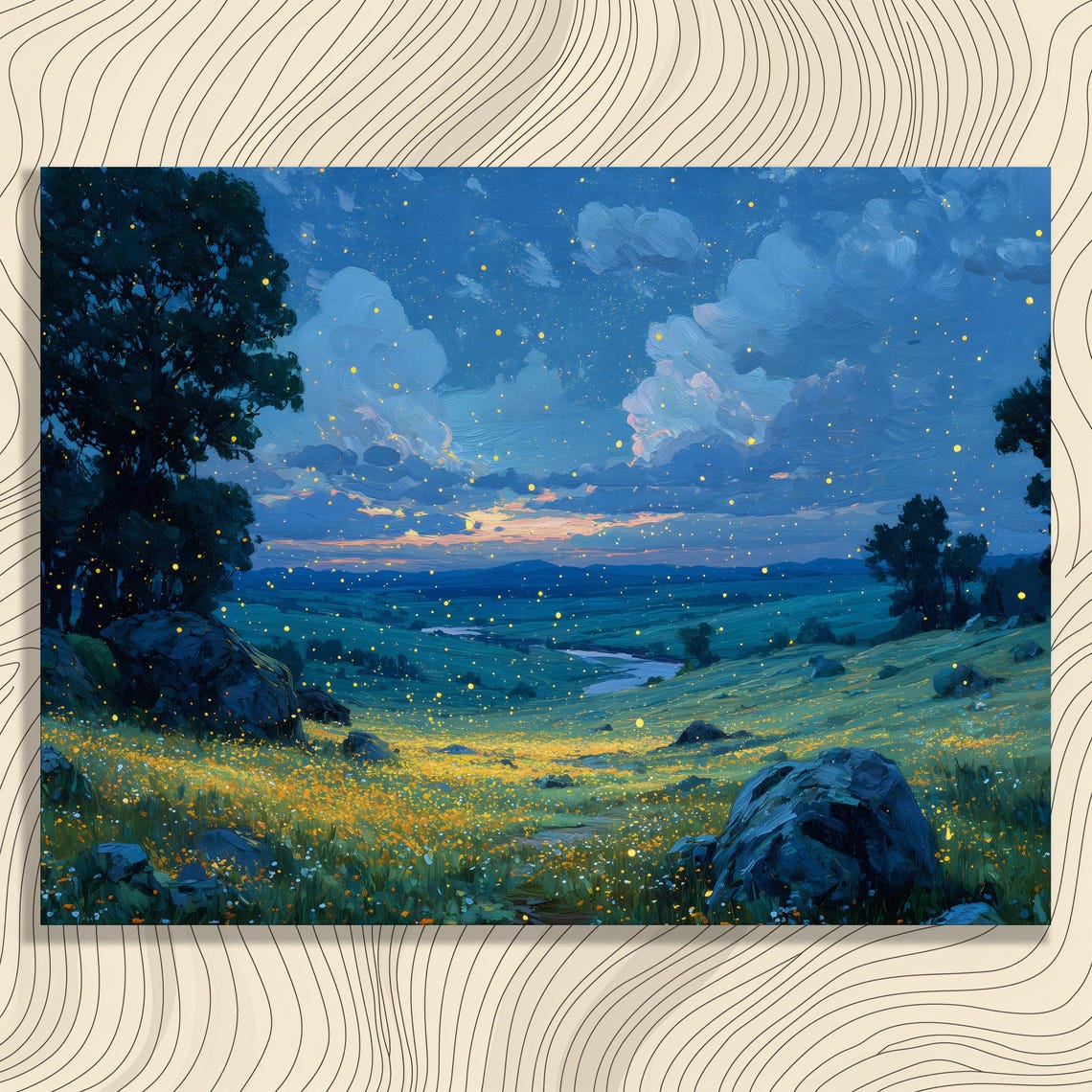 Starry Night Meadow with Fireflies Over a River Valley Blue and Gold Wall Art