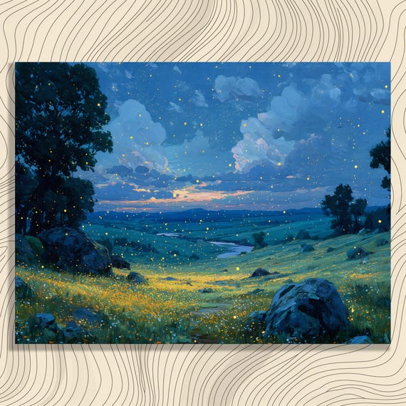 Starry Field Canvas Wall Art Dreamy Night Landscape With Firefly Meadow Glow And Rolling Hills Sunset Ambiance Golden Dawn Horizon