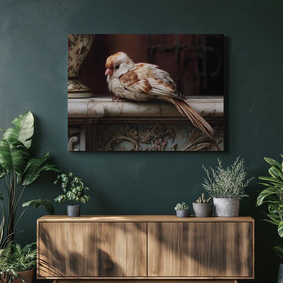 Sleepy Brown Songbird on Ornate Marble Mantel Classic Oil Painting Wall Art