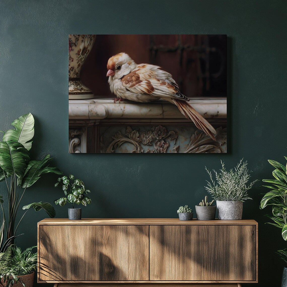 Sleepy Brown Songbird on Ornate Marble Mantel Classic Oil Painting Wall Art