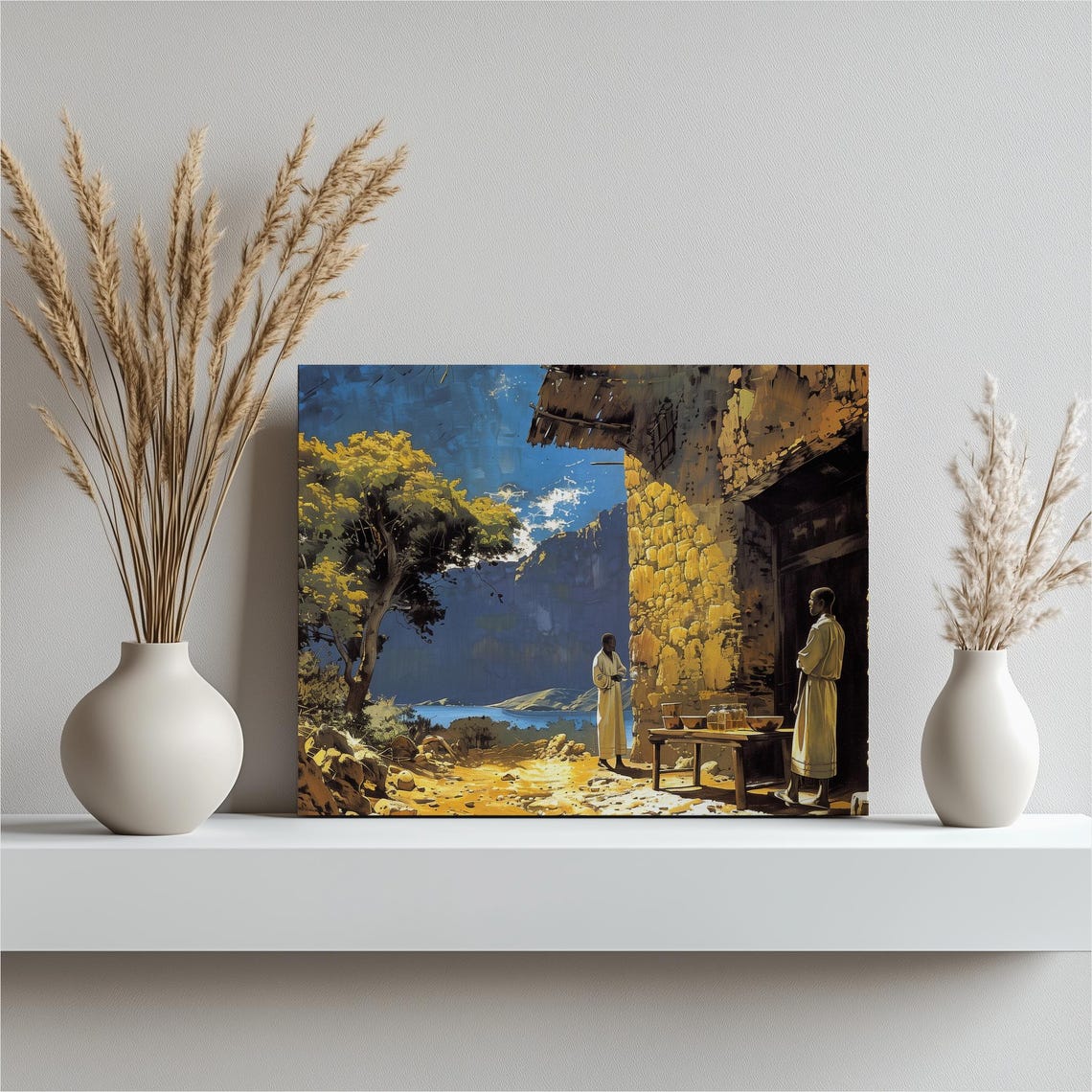 Ethiopia Stone Village Mountain Lake Robed Figures Scenic Art Poster