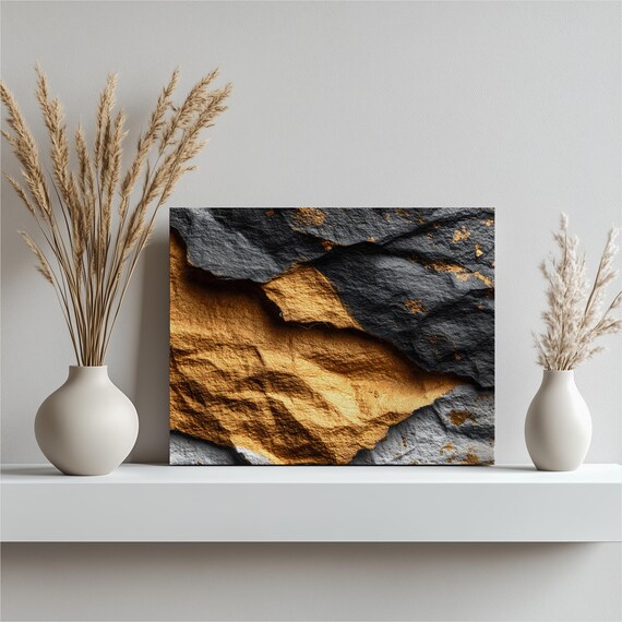 Gold Abstract Texture Canvas Wall Art Layered Torn Paper Metallic Foil Neutral Gray Print Modern Home Decor Painting Gift