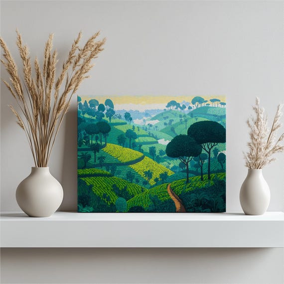 Vibrant Tea Plantation Canvas Wall Art Lush Green Hills Landscape Print Field Artwork Sunrise Nature Painting Forest Path Decor
