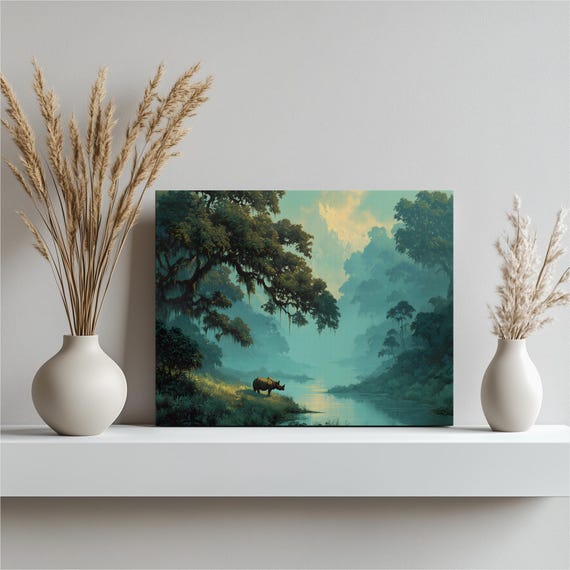 Rhinoceros Jungle Canvas Wall Art Tropical Wildlife Scene In Lush Rain Forest By A Mist Filled River With Mountain Sunrise Nature Decor