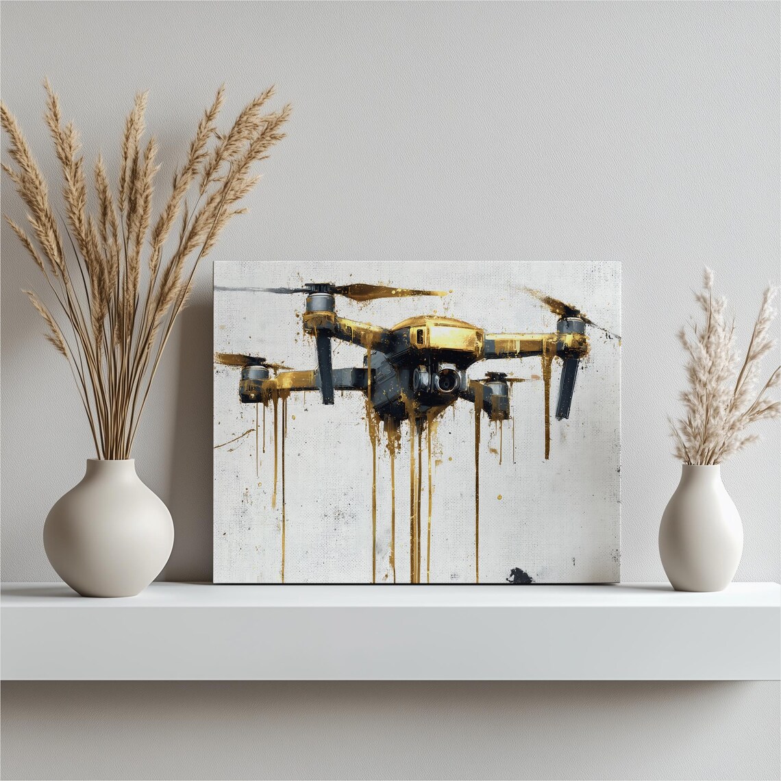 Gold and Black Drone Painting with Paint Drips Modern Tech Poster