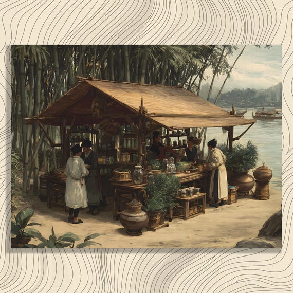 Traditional Asian Market Canvas Wall Art Bamboo Grove Herbal Scene Apothecary Jars Rustic Farmhouse Decor Botanical Riverbank