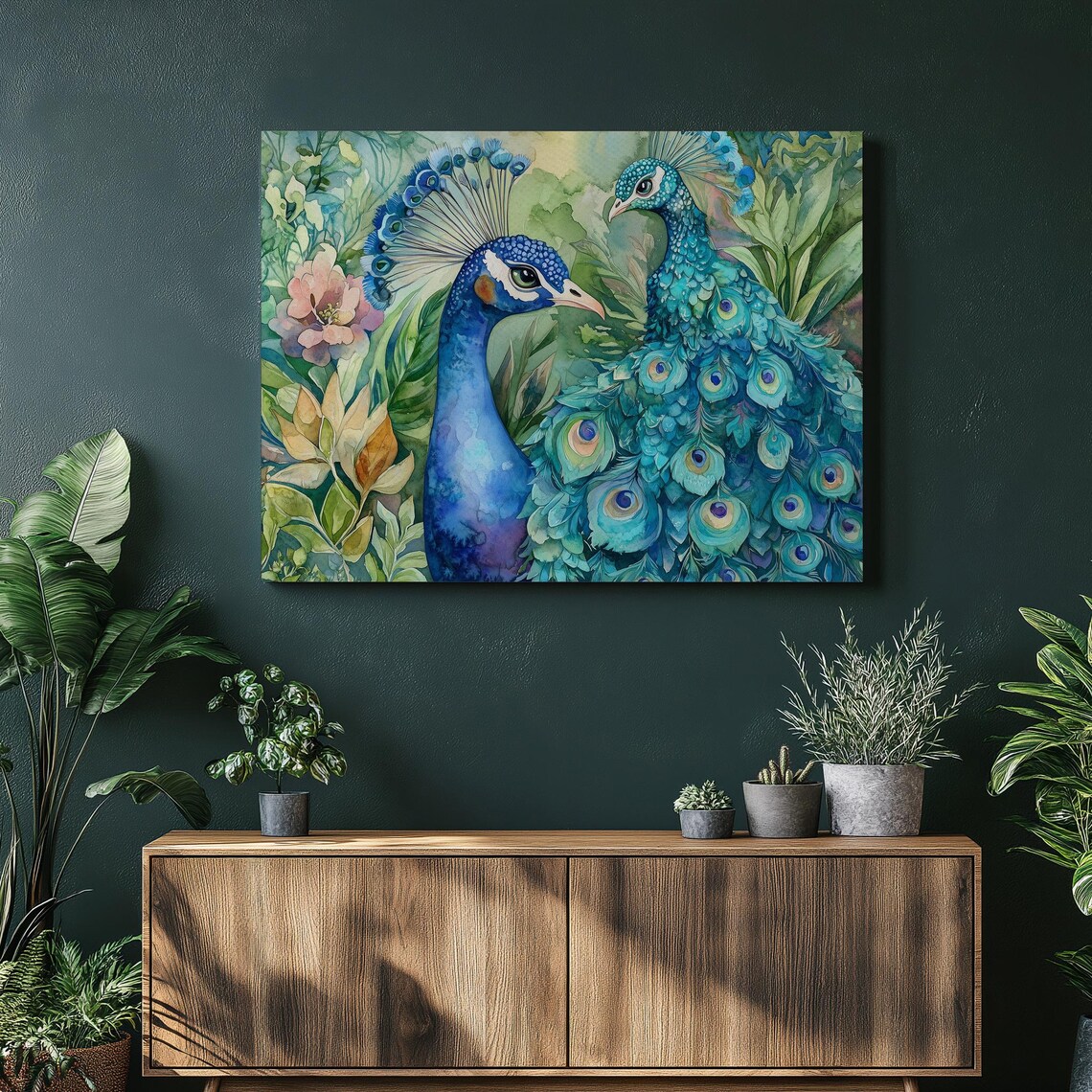 Elegant Peacock Couple Watercolor with Blooming Flowers Art Poster