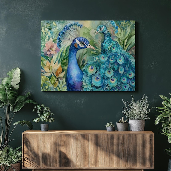 Elegant Peacock Couple Watercolor with Blooming Flowers Art Poster