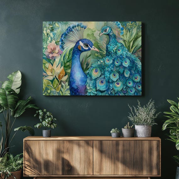 Vibrant Peacock Wall Art Canvas Print Tropical Boho Watercolor Painting Decor For Living Room Bedroom Nursery Unique Home