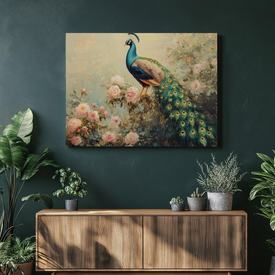 Royal Peacock Among Pink Roses Floral Painting Elegant Wall Art