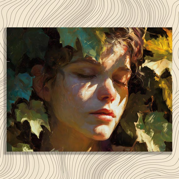 Colorful Botanical Portrait Canvas Wall Art Boho Decor Ivy Vine Leaves Sunlight Green Impressionist Serene Face Nature Forest Foliage