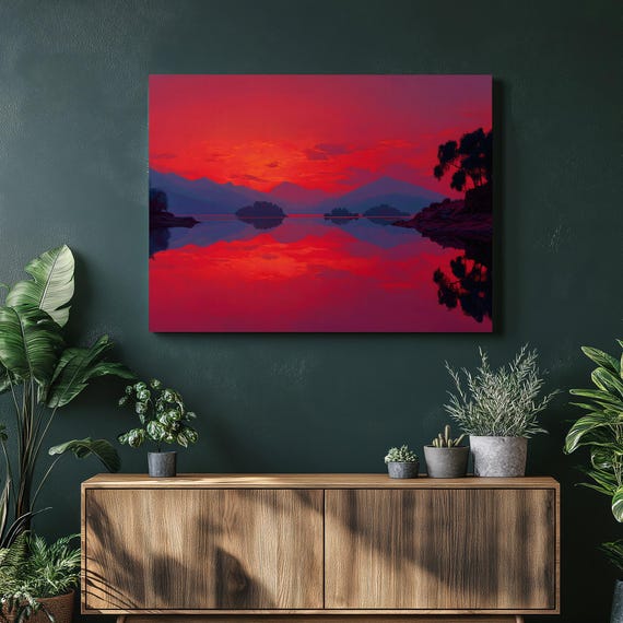 Colorful Sunset Lake Canvas Wall Art Vibrant Mountain Horizon Reflections Silhouetted Trees Distant Islands Calm Water Modern Landscape