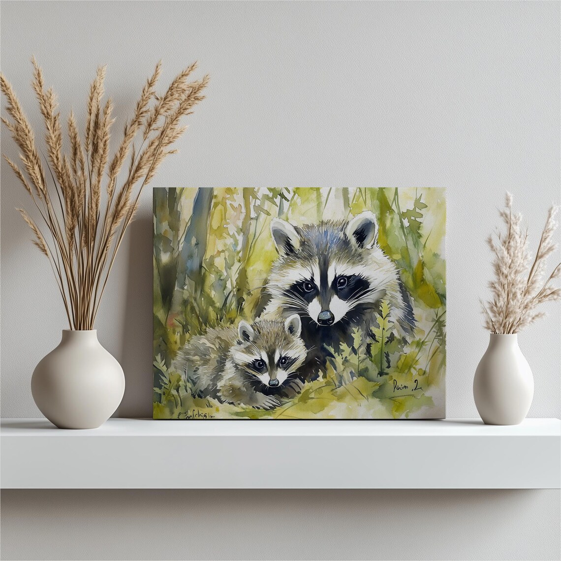 Raccoon Mother and Baby in Green Foliage Watercolor Wildlife Print