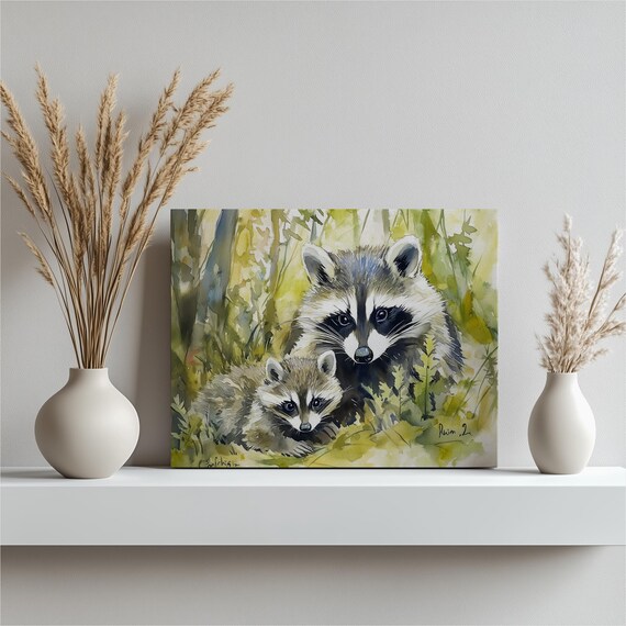 Raccoon Watercolor Canvas Art Charming Mother And Baby In Lush Forest Scene Nature Wall For Home Wildlife Gift