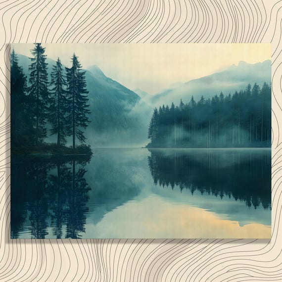 Misty Forest Lake Canvas Wall Art Tranquil Reflection Minimal Nature Painting Serene Wilderness Print Watercolor Trees Decor