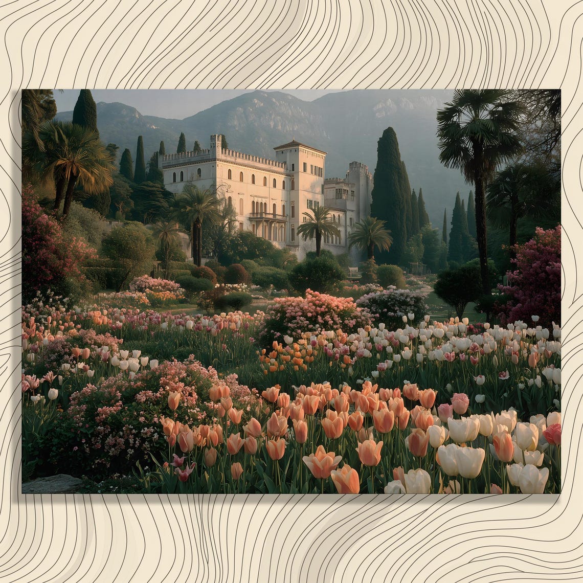 Grand Lakeside Castle With Colorful Tulip Gardens Spring Poster
