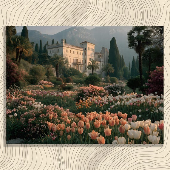 Castle Tulips Landscape Canvas Wall Art Colorful Floral With Pink Villa Scene Mountain View Botanical Print Nature Decor
