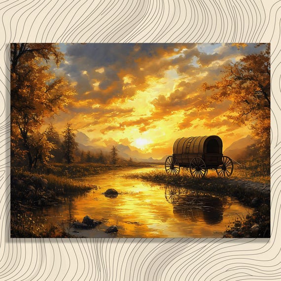 Serene Sunset Wagon Canvas Wall Art Painting Landscape Watercolor River Vintage Fall Print For Enthusiasts