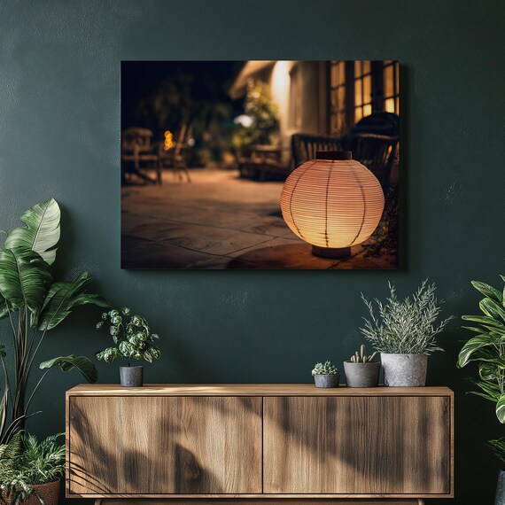 Glowing Paper Lantern Canvas Wall Art Modern Boho Patio Style Terrace Night Ambiance Warm Glow Print Wicker Furniture Outdoor Scene