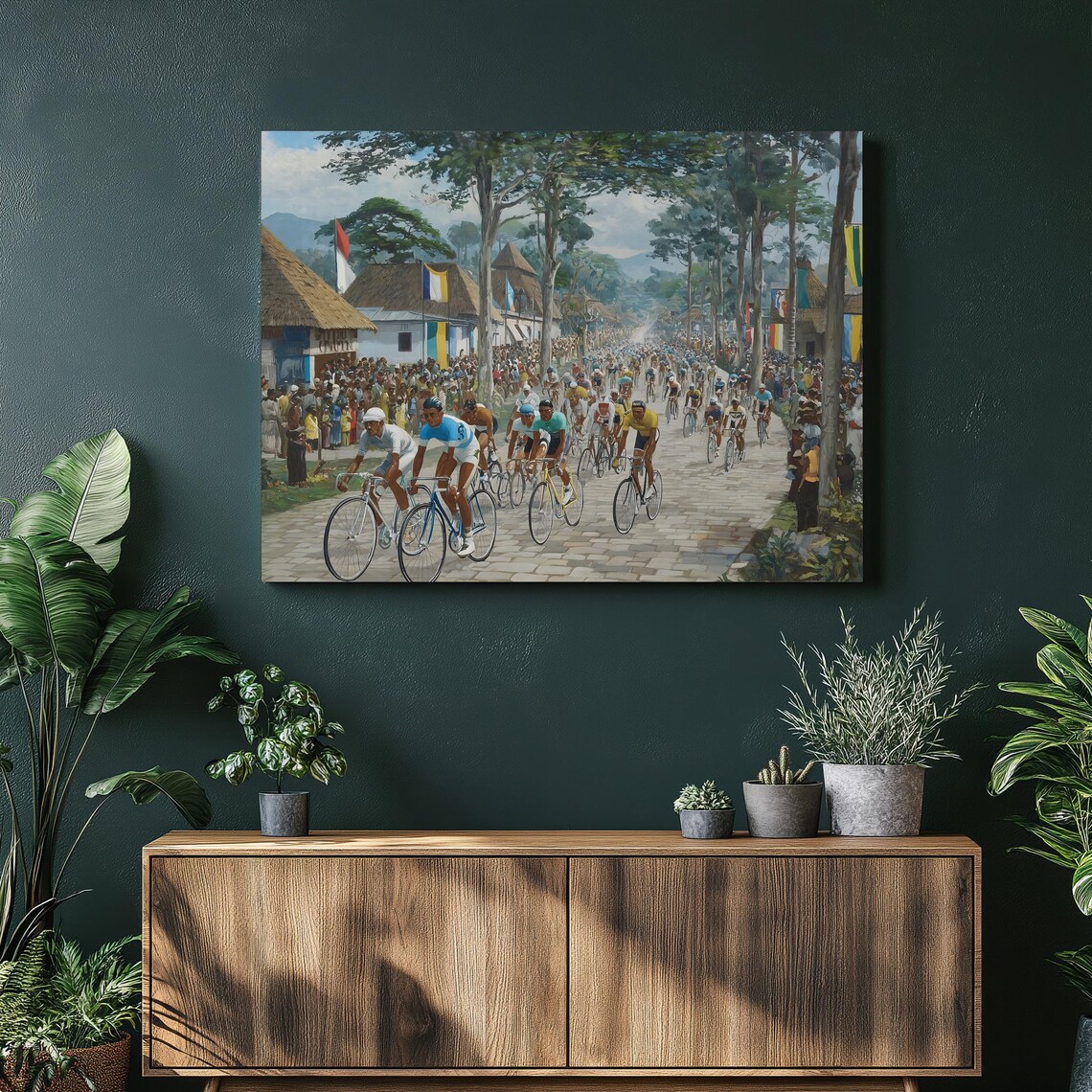 Vintage Cycling Road Race Tropical Village Peloton Art Poster