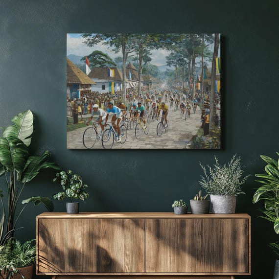 Vintage Cycling Race Canvas Wall Art Tropical Village Bicycle Decor Crowd Scene Flags Cobblestone Road Sports Artwork Painting Print