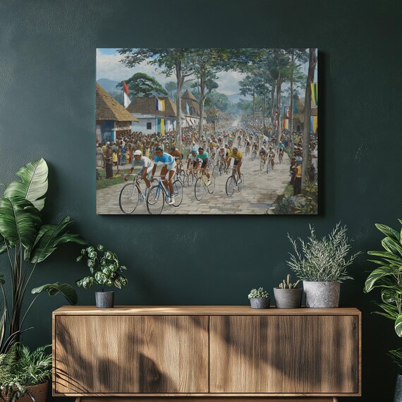 Vintage Cycling Road Race Tropical Village Peloton Art Poster
