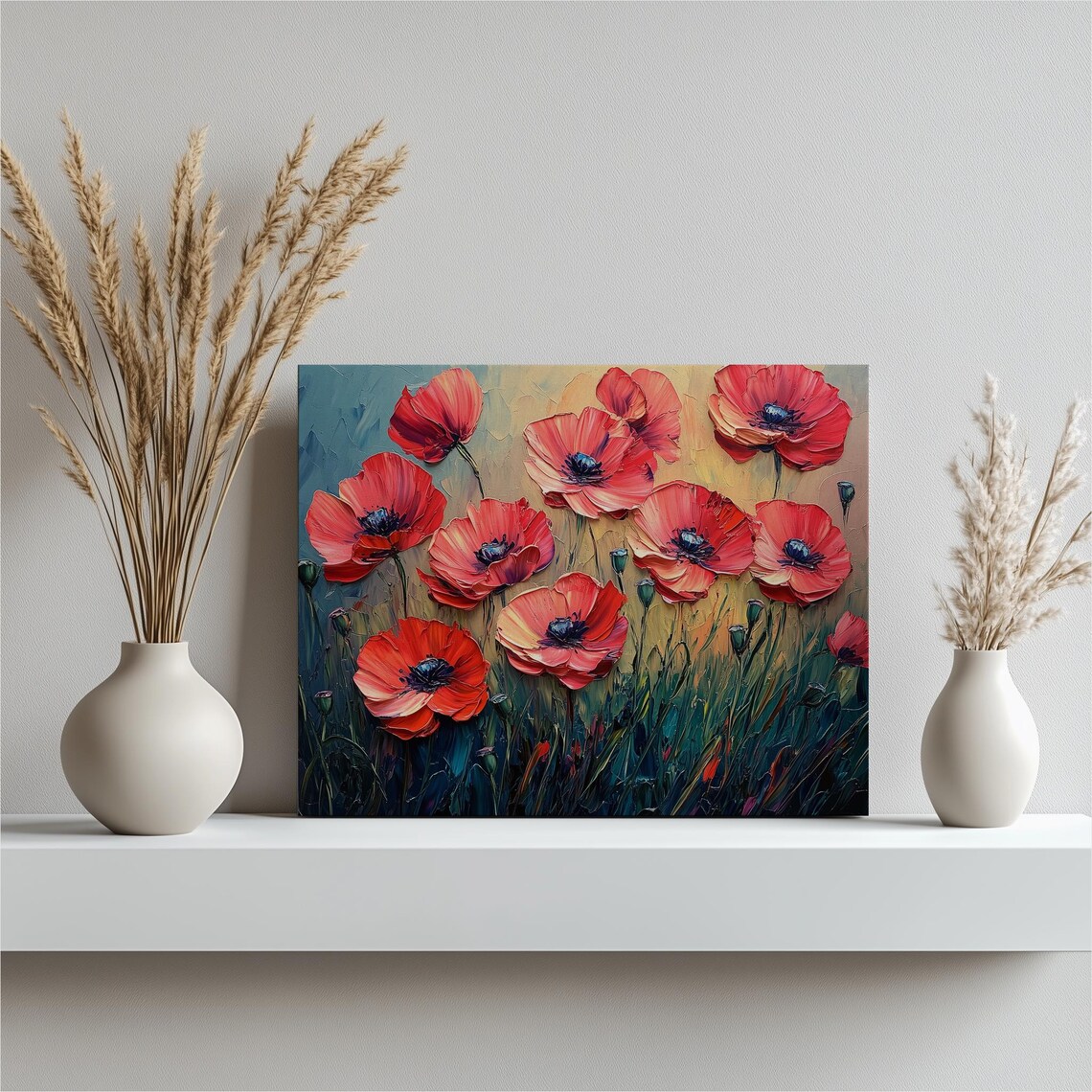 Vibrant Red Poppy Field Impasto Oil Painting Wildflowers Poster