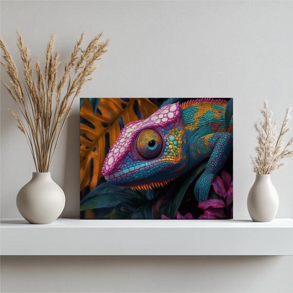 Vibrant Chameleon Jungle Lizard Close Up Colorful Reptile Canvas Wall Art