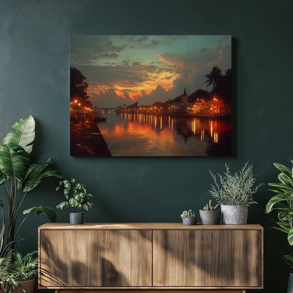 Tropical Sunset Riverside Town Glowing Water Canvas Wall Art