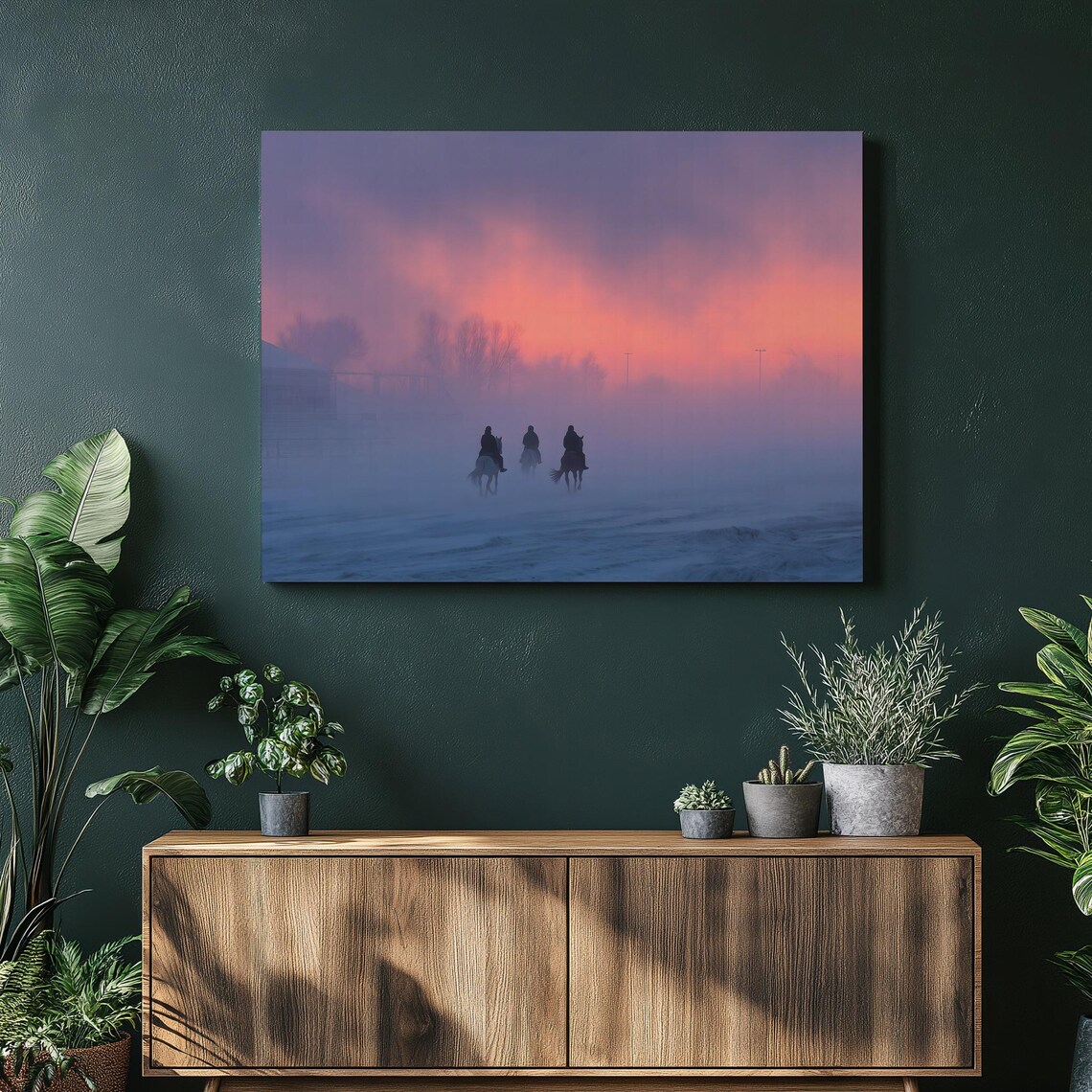 Horse Riders in Mist at Pink Sunrise Silhouette Equestrian Poster