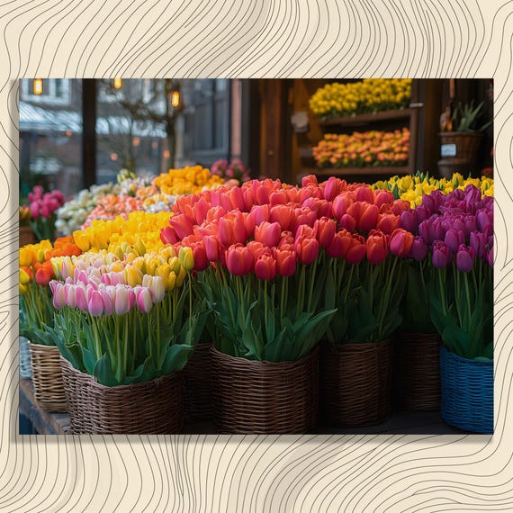 Vibrant Tulips Canvas Wall Art Spring Flower Market Botanical Garden Floral Impressionist Style Print Home Decor Hanging