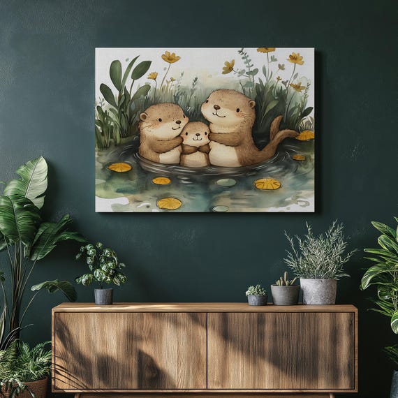 Charming Otters Canvas Wall Art Watercolor Floating Family Illustration River Plants Fish Cute Endearing Artwork Decor For Home And Office