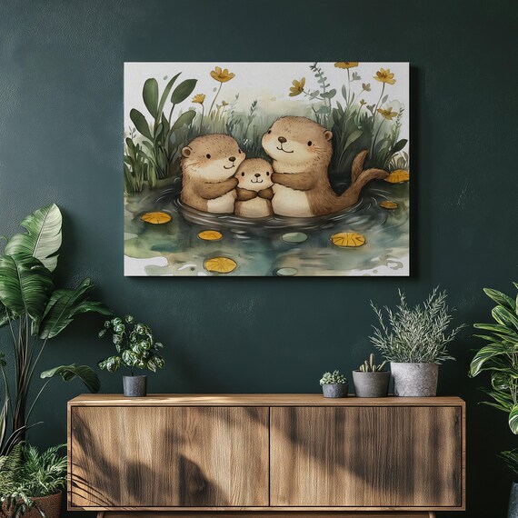 Cute Otter Family Hugging in Water Watercolor Nursery Animal Poster