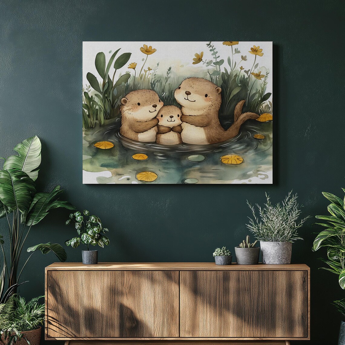 Cute Otter Family Hugging in Water Watercolor Nursery Animal Poster