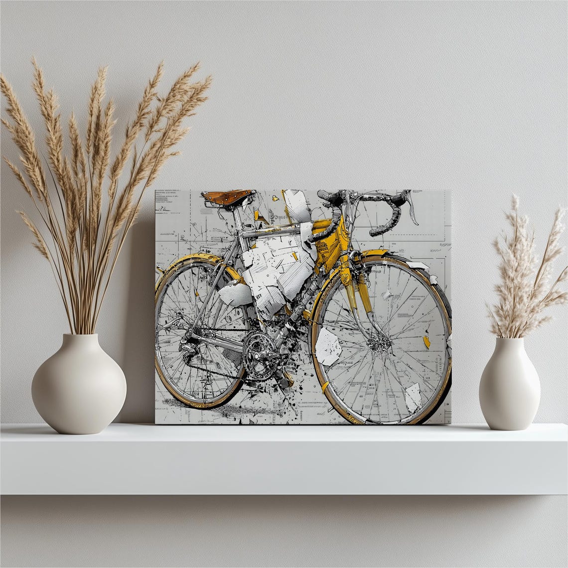 Yellow Road Bicycle Blueprint Technical Drawing Vintage Art Poster