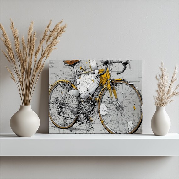 Modern Bicycle Deconstructed Canvas Wall Art Road Bike Print Cycling Decor Industrial Abstract Mechanical Parts Painting Yellow Gray Gift
