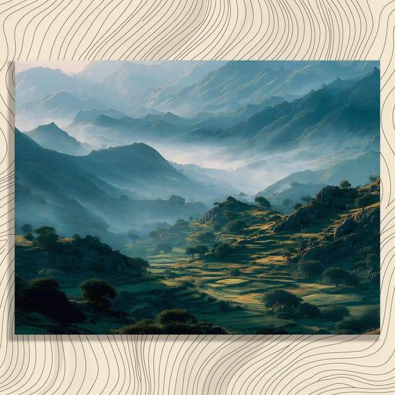 Misty Mountain Valley Canvas Wall Art Sunrise Landscape Print Nature Decor Colorful Scenic Painting Rolling Hills Terraced Fields Gift